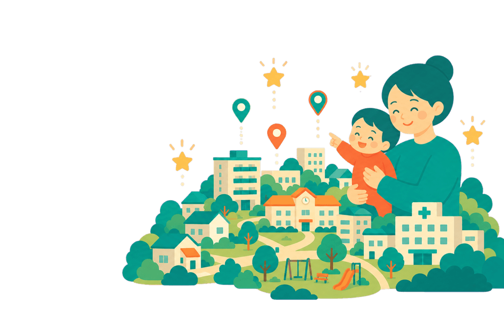子育て家族がデータで住む街を選ぶイラスト